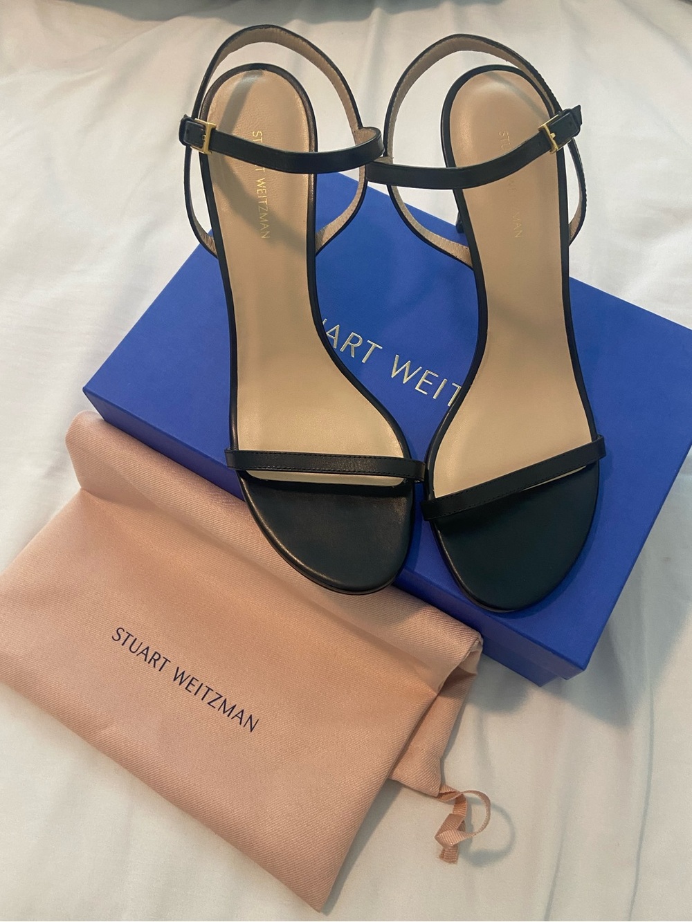 Stuart Weitzman Black Leather Kassidy Strap Sandals